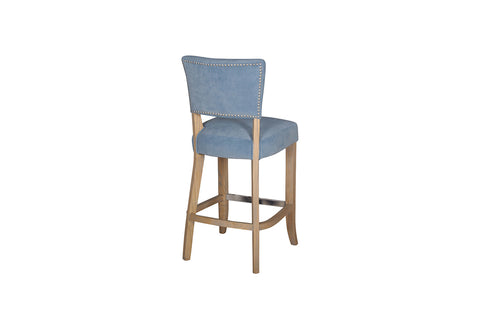 Blue Velvet Bar Chair with Solid Oak Legs. Studded detail to the back of the Chair. Also available in Light Grey and Dark Grey-Reverse-of-stool-Image