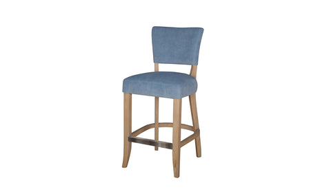 Blue Velvet Bar Chair with Solid Oak Legs. Studded detail to the back of the Chair. Also available in Light Grey and Dark Grey-Main-Image