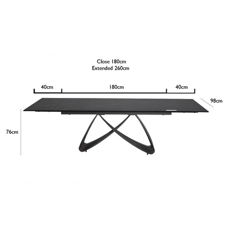 Dune Black & Sunset Gold Vein Ceramic Extending Dining Table - Dimensions