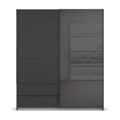 Rauch Elon Metallic Grey and Basalt Glass Sliding Door Wardrobe with drawers, Width 181c, Height 210cm - Front