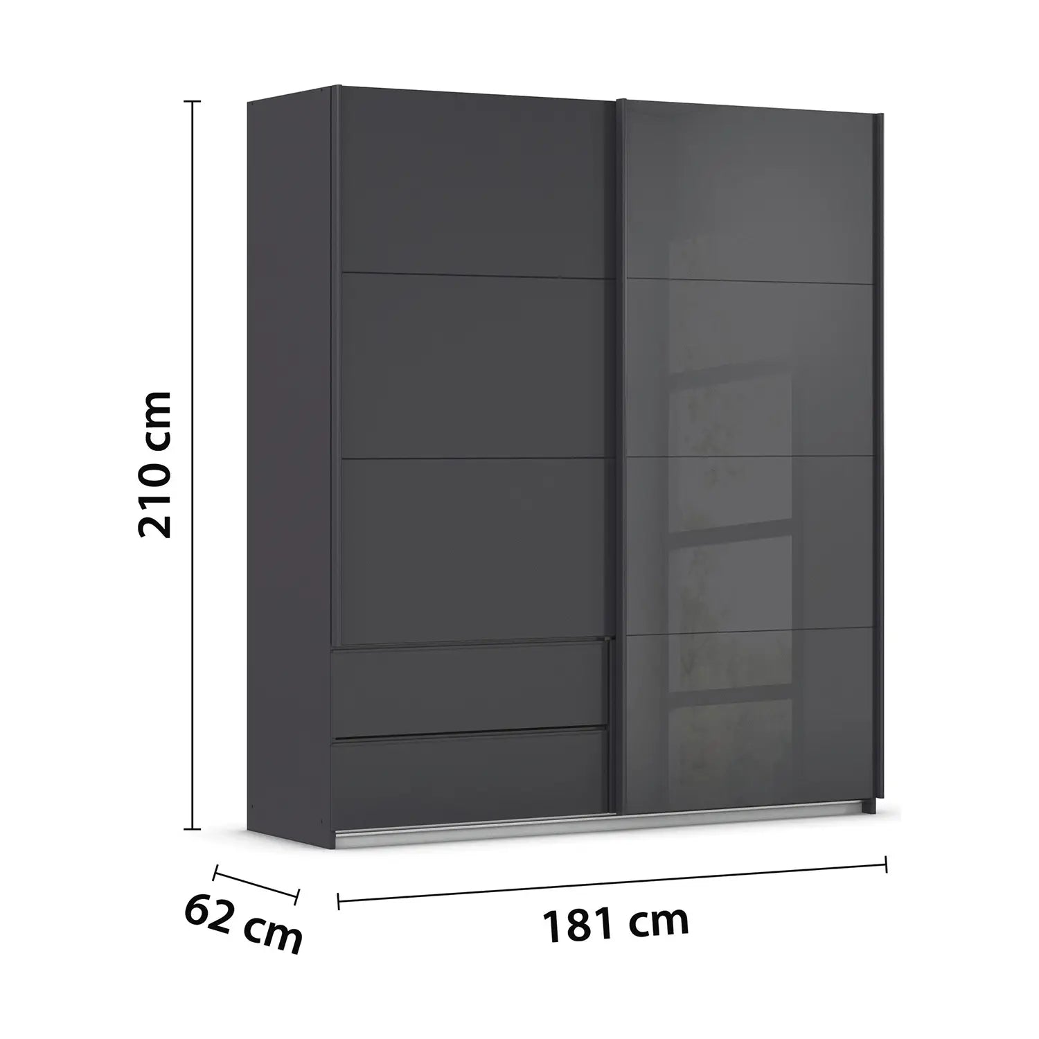 Rauch Elon Metallic Grey and Basalt Glass Sliding Door Wardrobe with drawers, Width 181c, Height 210cm - Dimensions