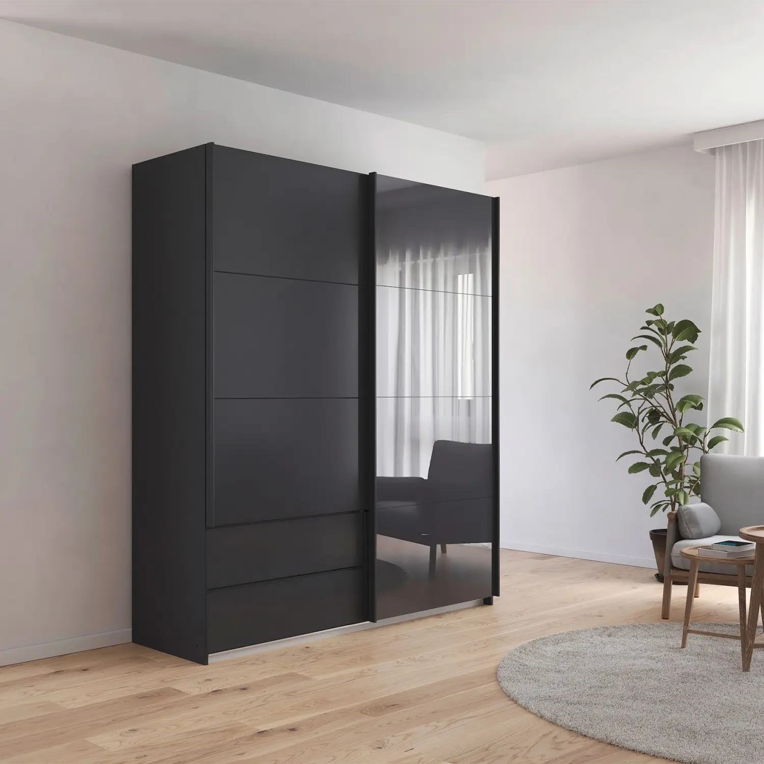 Elon 181cm Graphite & Basalt Glass Sliding 2 Door Wardrobe with Drawers