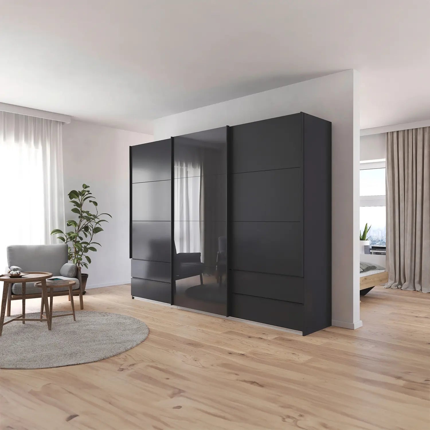 Elon 181cm Graphite & Basalt Glass Sliding 2 Door Wardrobe with Drawers