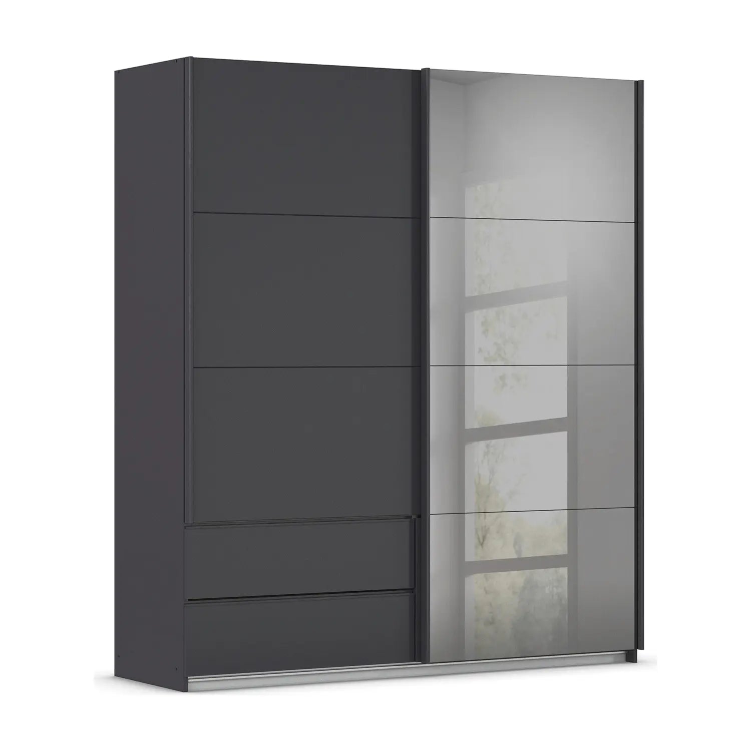 Elon Metallic Grey 181cm Sliding 2 Door Wardrobe with Drawers & Grey Mirror