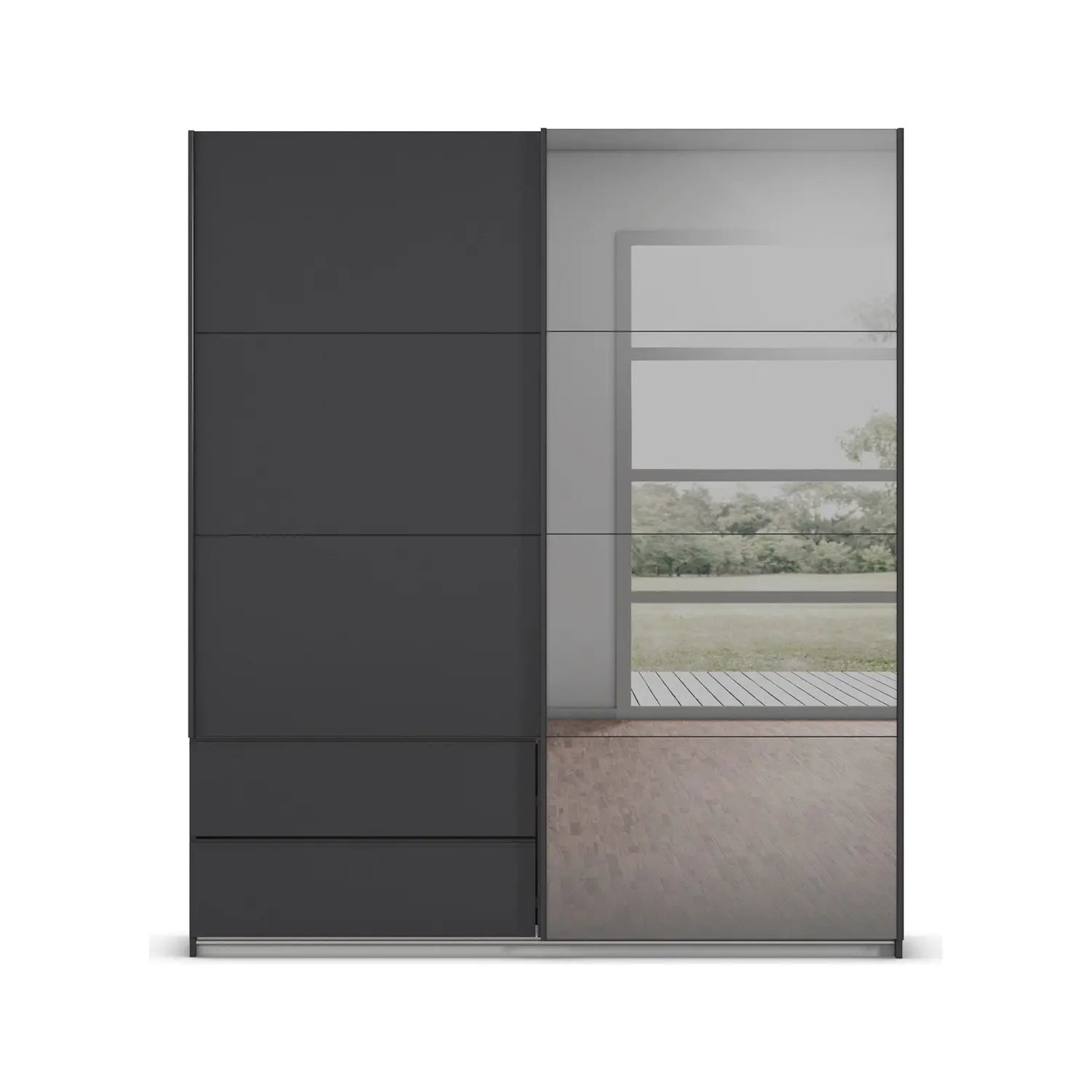 Elon Metallic Grey 181cm Sliding 2 Door Wardrobe with Drawers & Grey Mirror