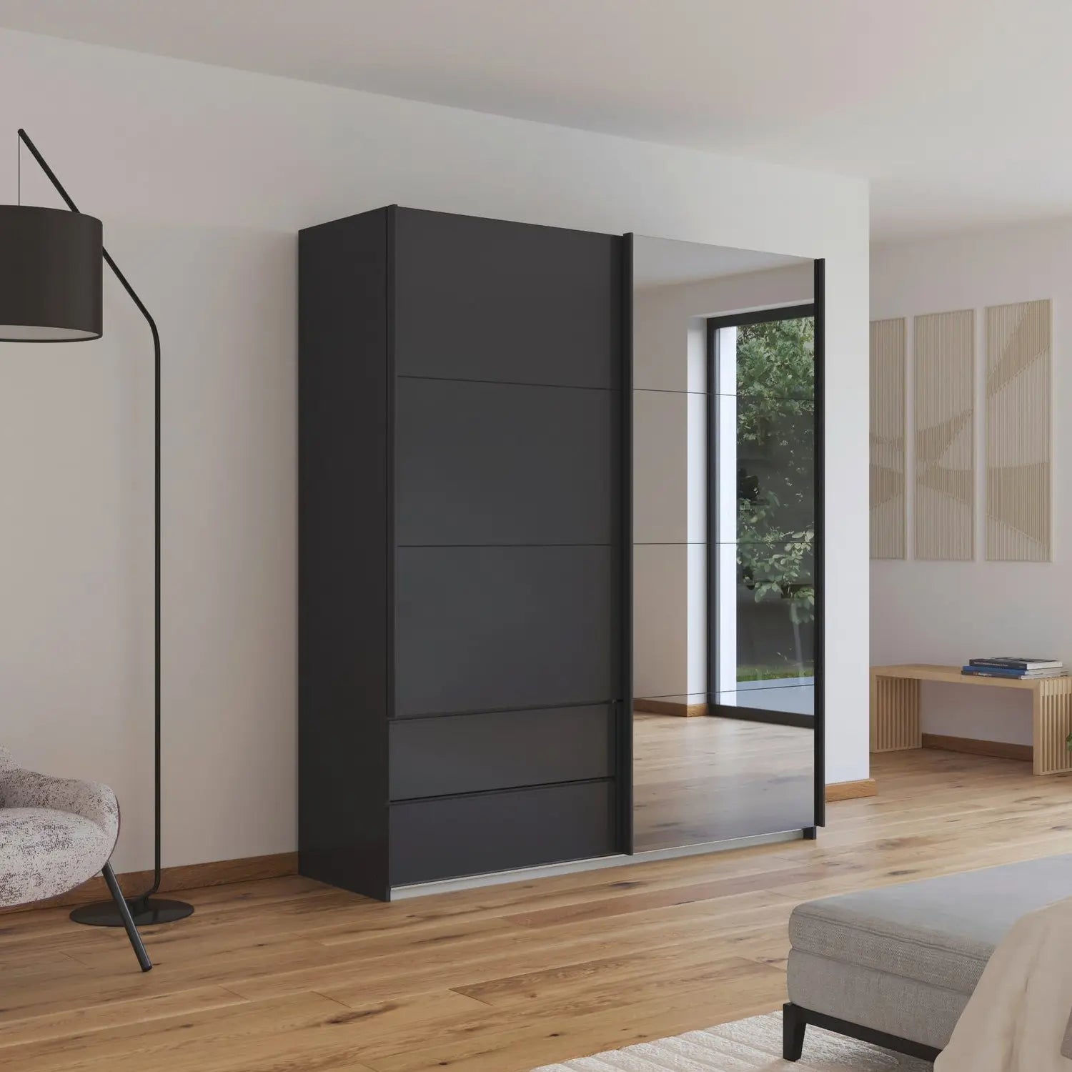 Elon Metallic Grey 181cm Sliding 2 Door Wardrobe with Drawers & Grey Mirror