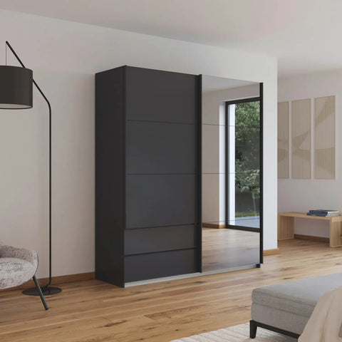 Elon Metallic Grey 181cm Sliding 2 Door Wardrobe with Drawers & Grey Mirror, Width 181cm height 210cm - Lifestyle