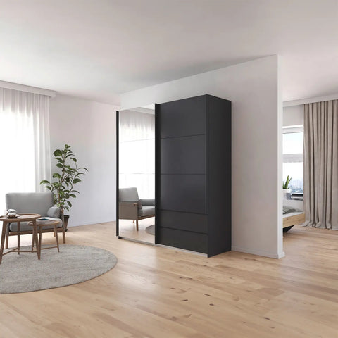 Elon Metallic Grey 181cm Sliding 2 Door Wardrobe with Drawers & Mirror