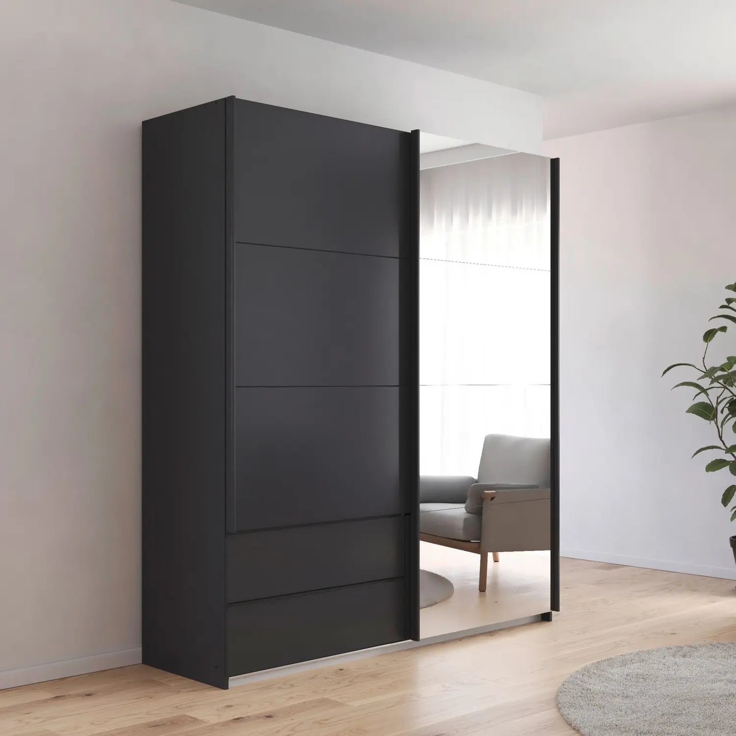 Elon Metallic Grey 181cm Sliding 2 Door Wardrobe with Drawers & Mirror