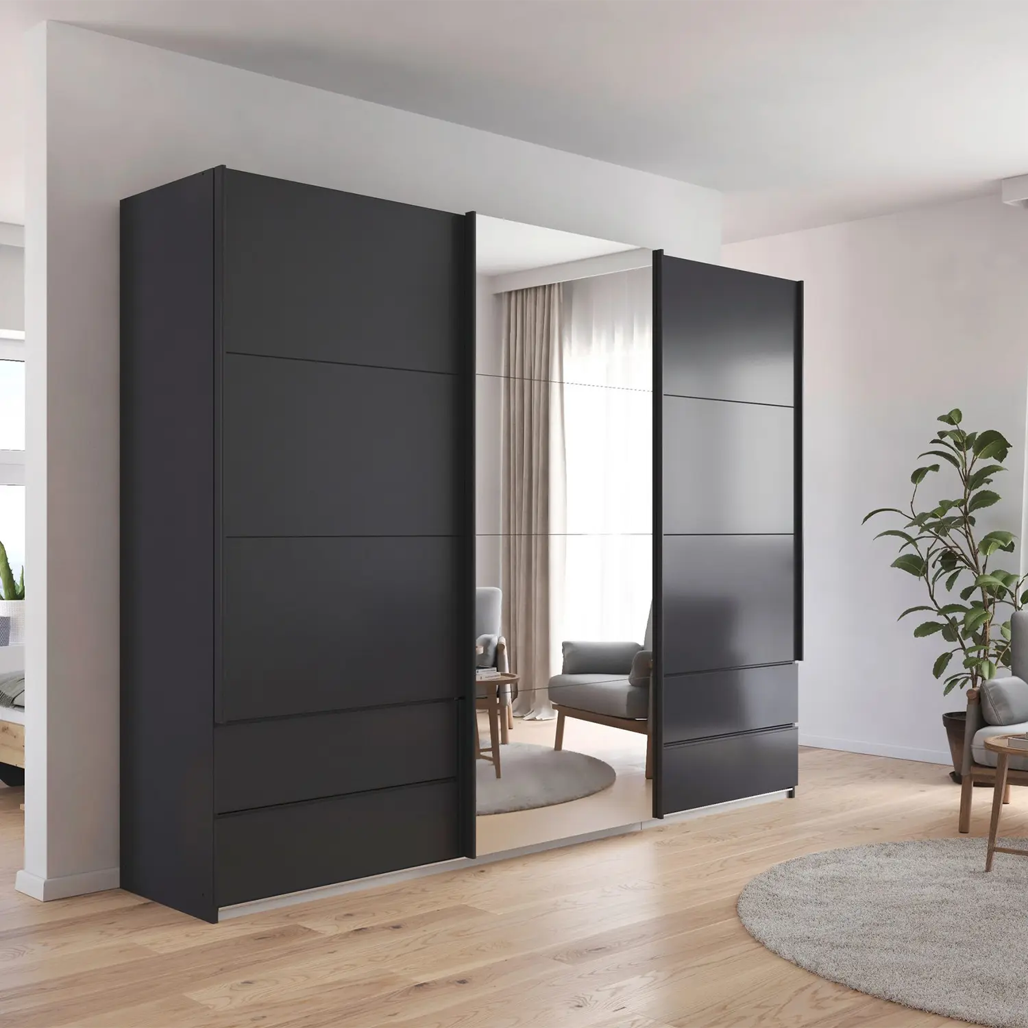 Elon Metallic Grey 181cm Sliding 2 Door Wardrobe with Drawers & Mirror