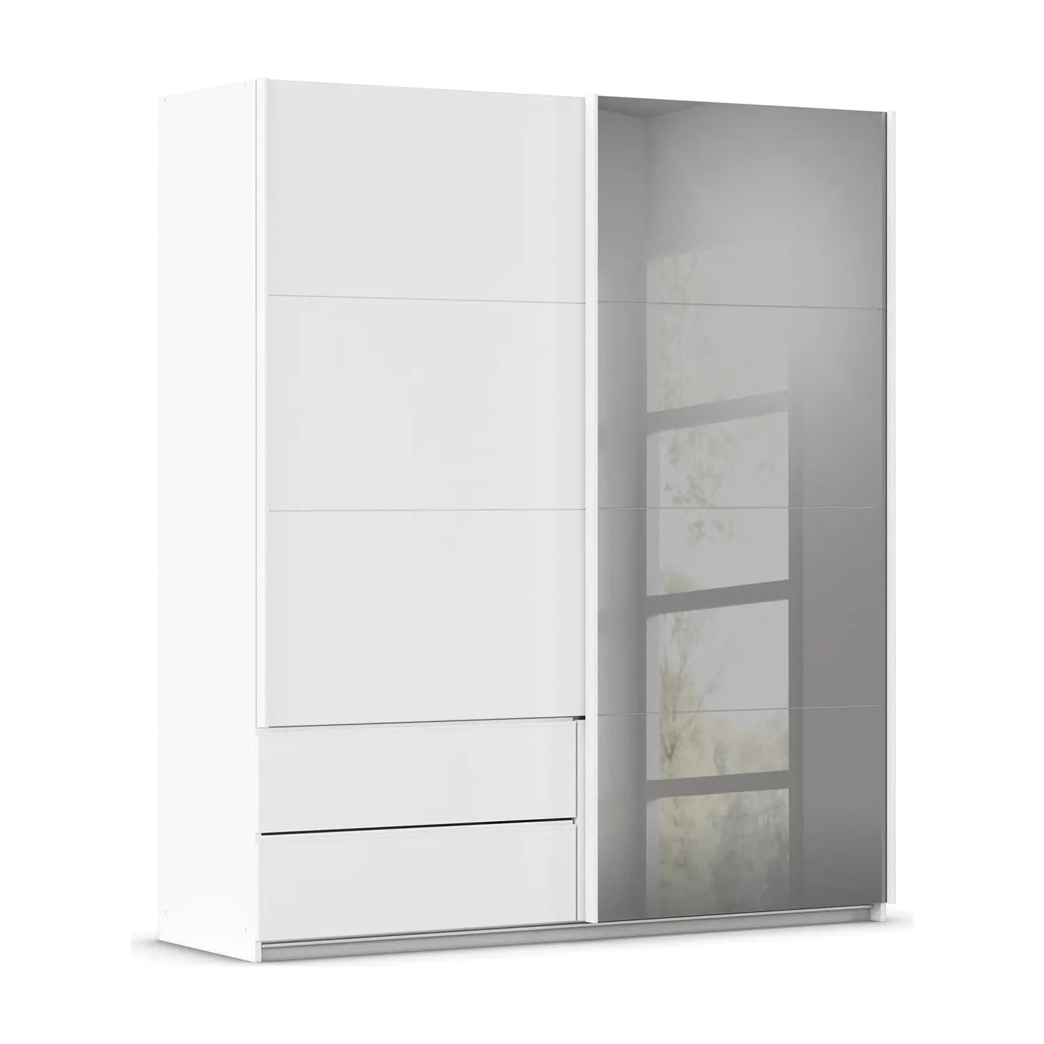 Elon 181cm White Sliding 2 Door Wardrobe with Drawers & Grey Mirror