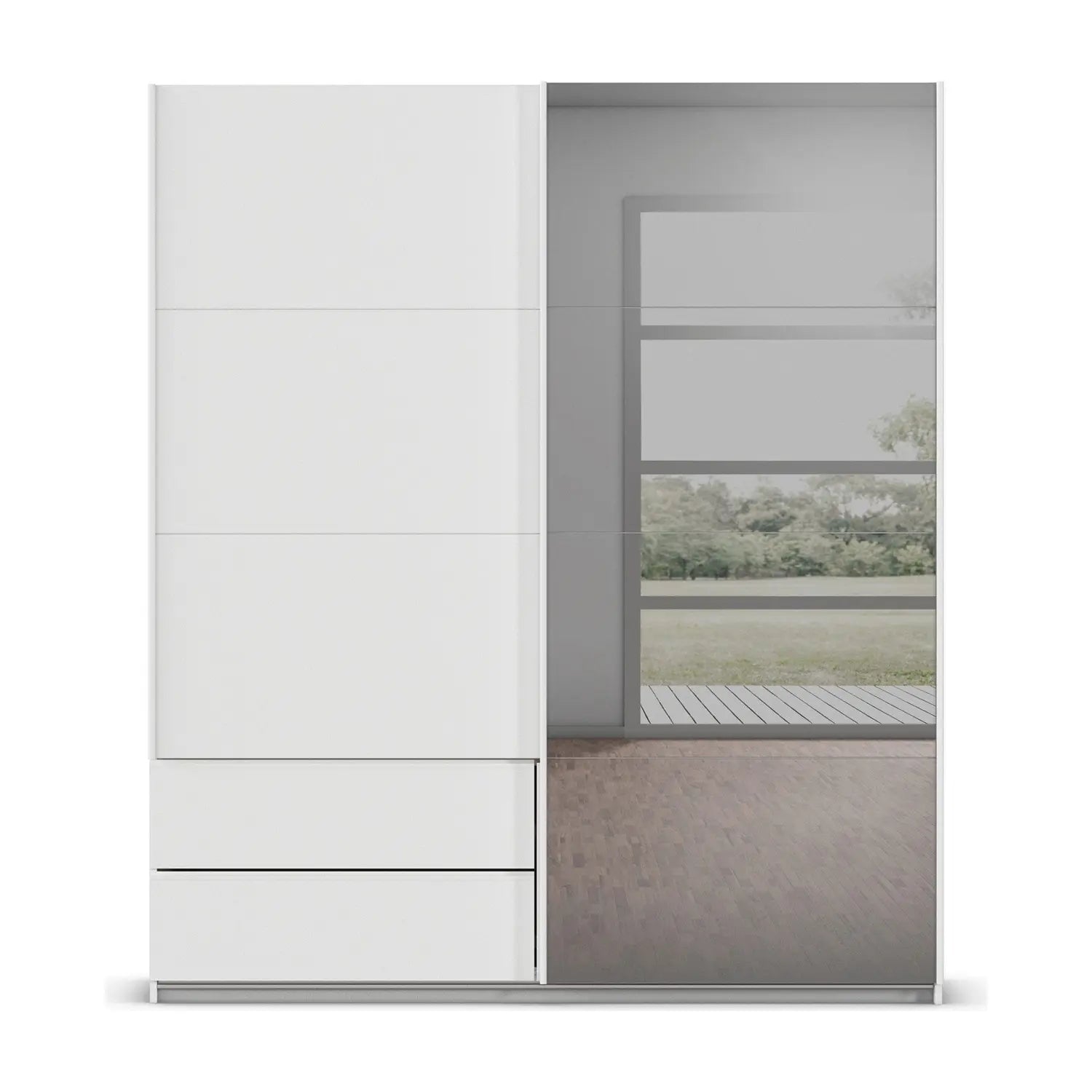 Elon 181cm White Sliding 2 Door Wardrobe with Drawers & Grey Mirror