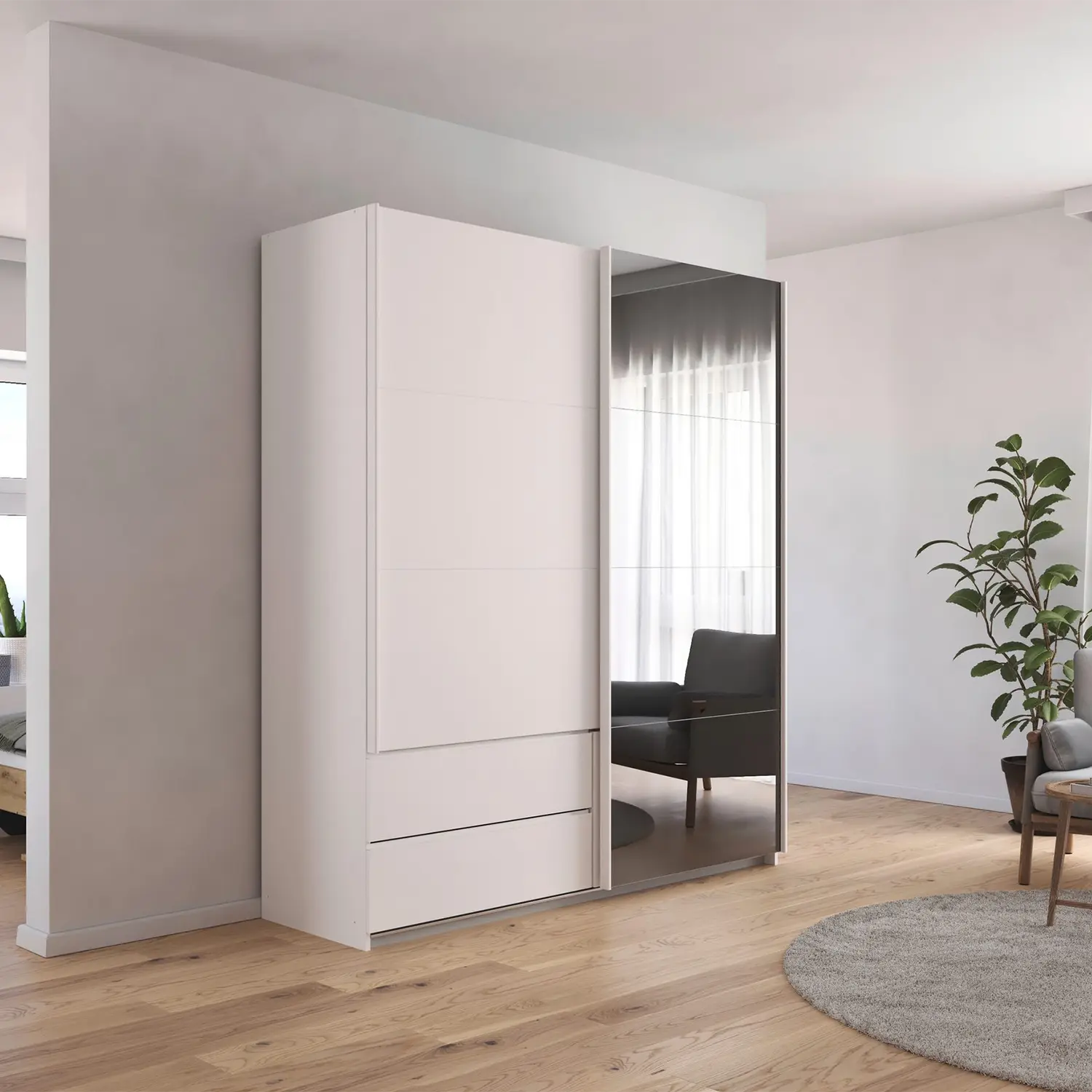 Elon 181cm White Sliding 2 Door Wardrobe with Drawers & Grey Mirror