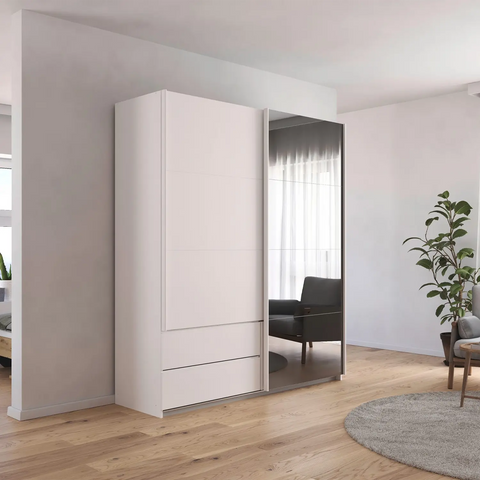 White Sliding Door Wardrobe with Grey mirrors and Drawers