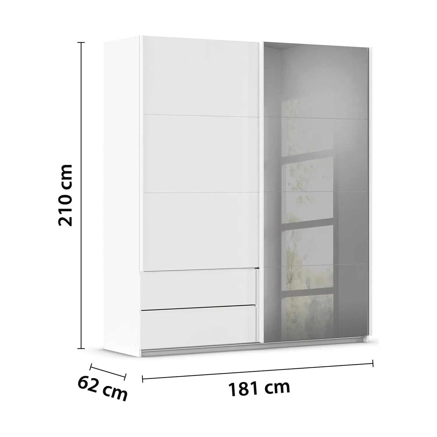 Elon 181cm White Sliding 2 Door Wardrobe with Drawers & Grey Mirror