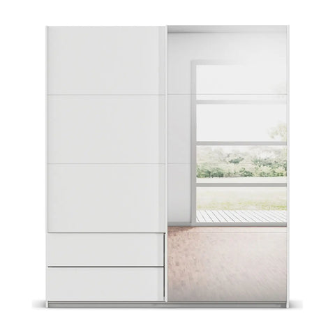 Rauch Elon White Sliding Door Wardrobe ith Drawers & Mirror Width 181cm Height 210cm - Front