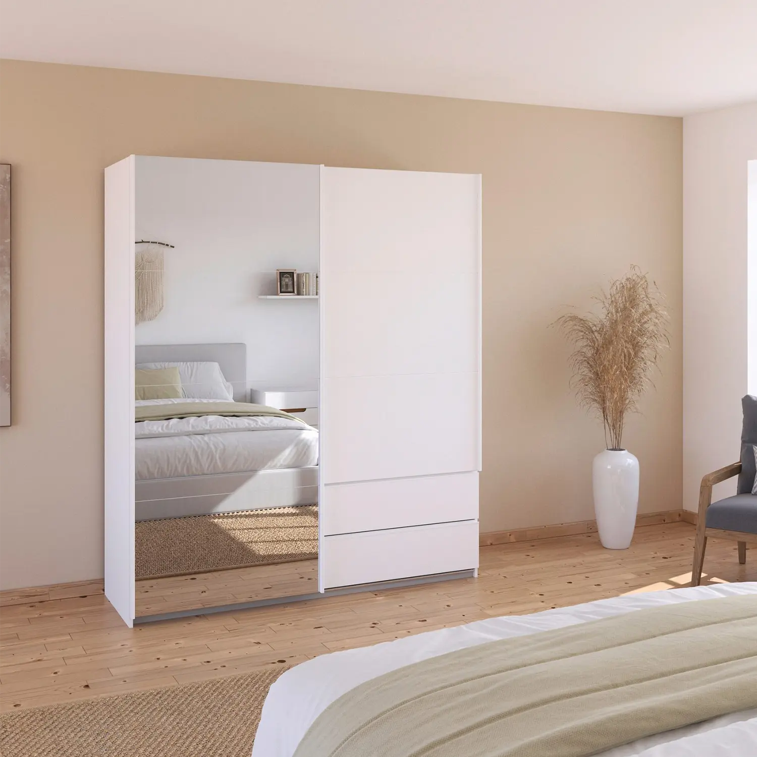 Elon White 181cm Sliding 2 Door Wardrobe with Drawers & Mirror