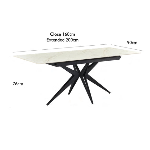 Ethan 1.6M White Sintered Stone Autorise Extending Dining Table, White Ceramic Top with Black Metal Base  - Dimension s 