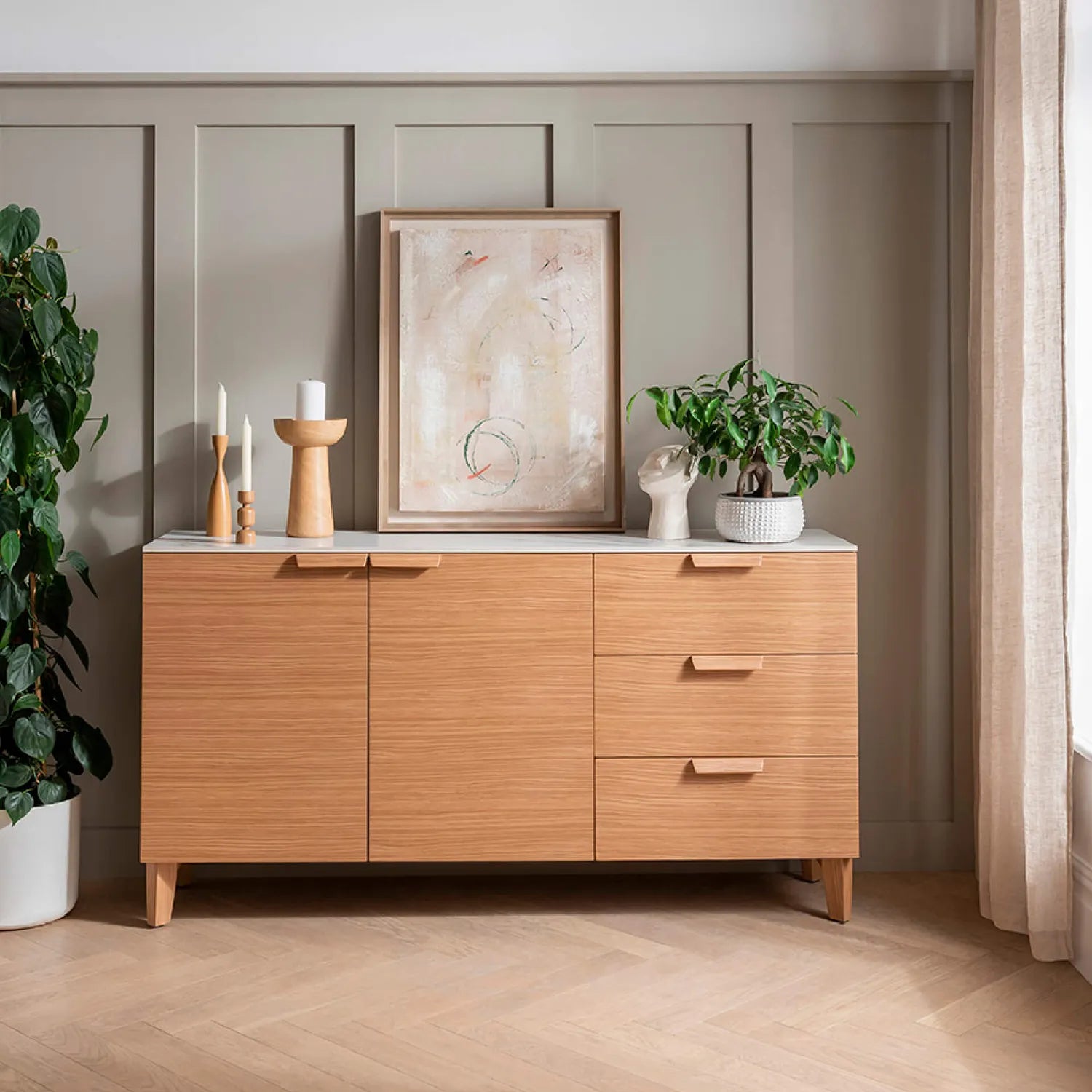 Eveleen Sideboard Light Oak With White Ceramic Top