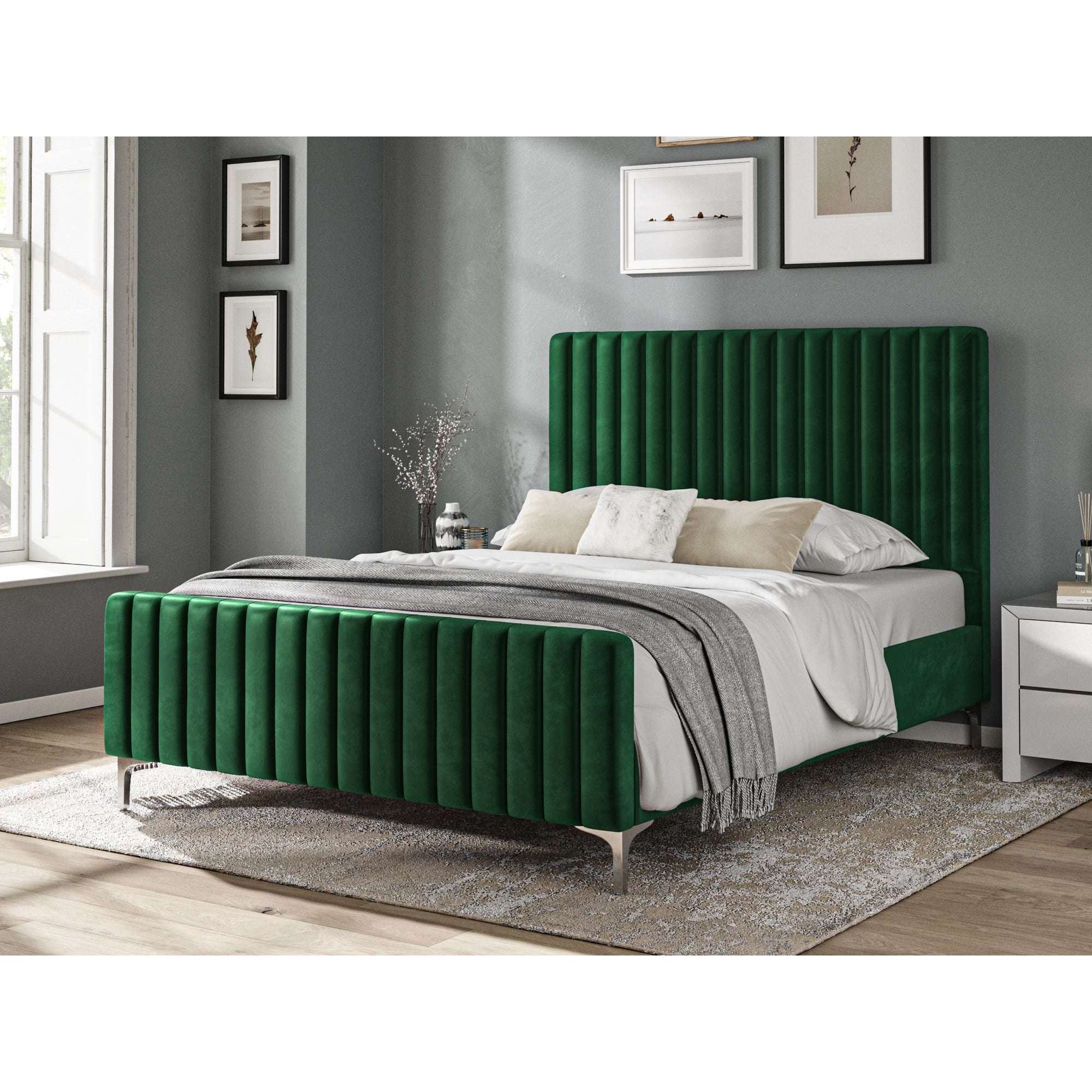 Green Velvet Batten Panel Pattern Headboard Bed Frame