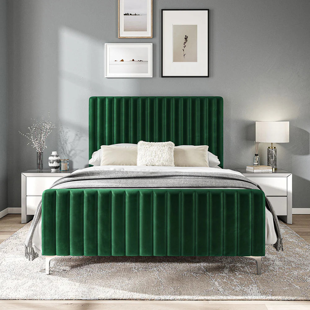 Green Velvet Batten Panel Pattern Headboard Bed Frame