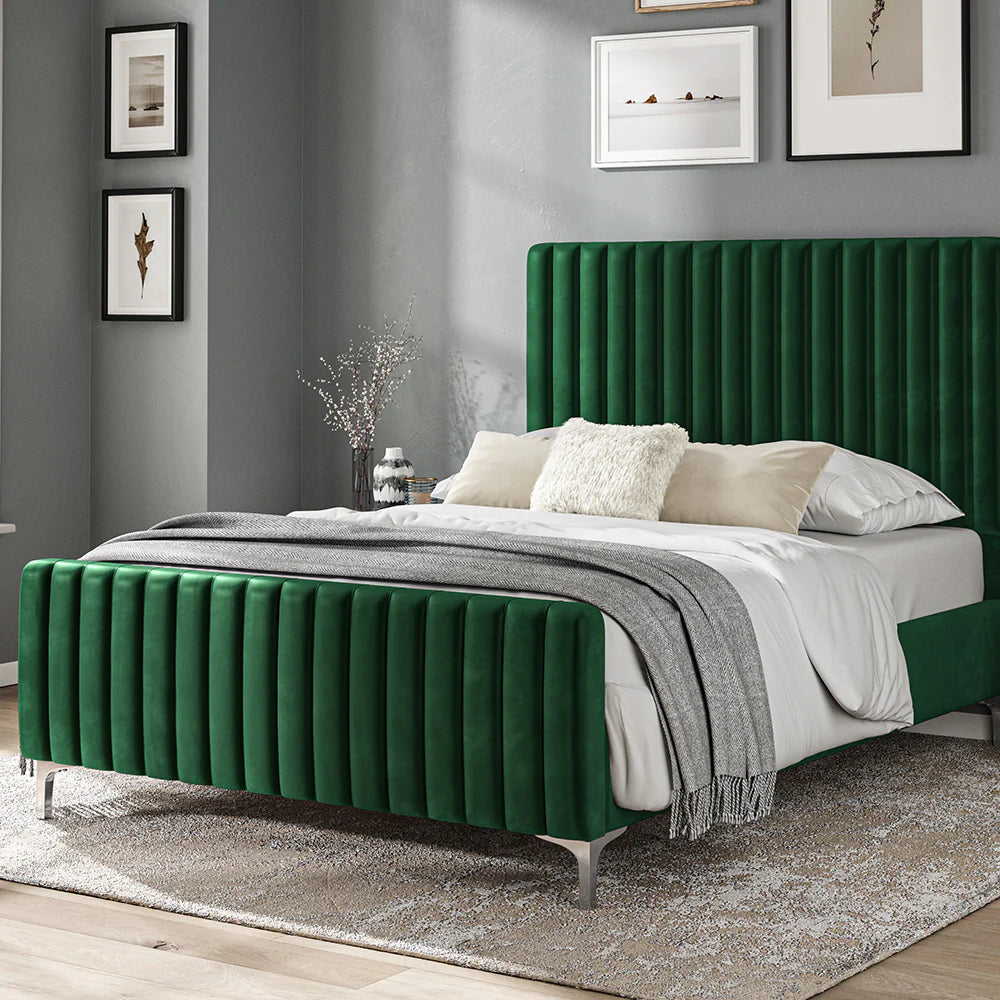 Green Velvet Batten Panel Pattern Headboard Bed Frame