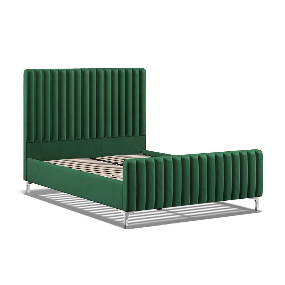 Green Velvet Batten Panel Pattern Headboard Bed Frame