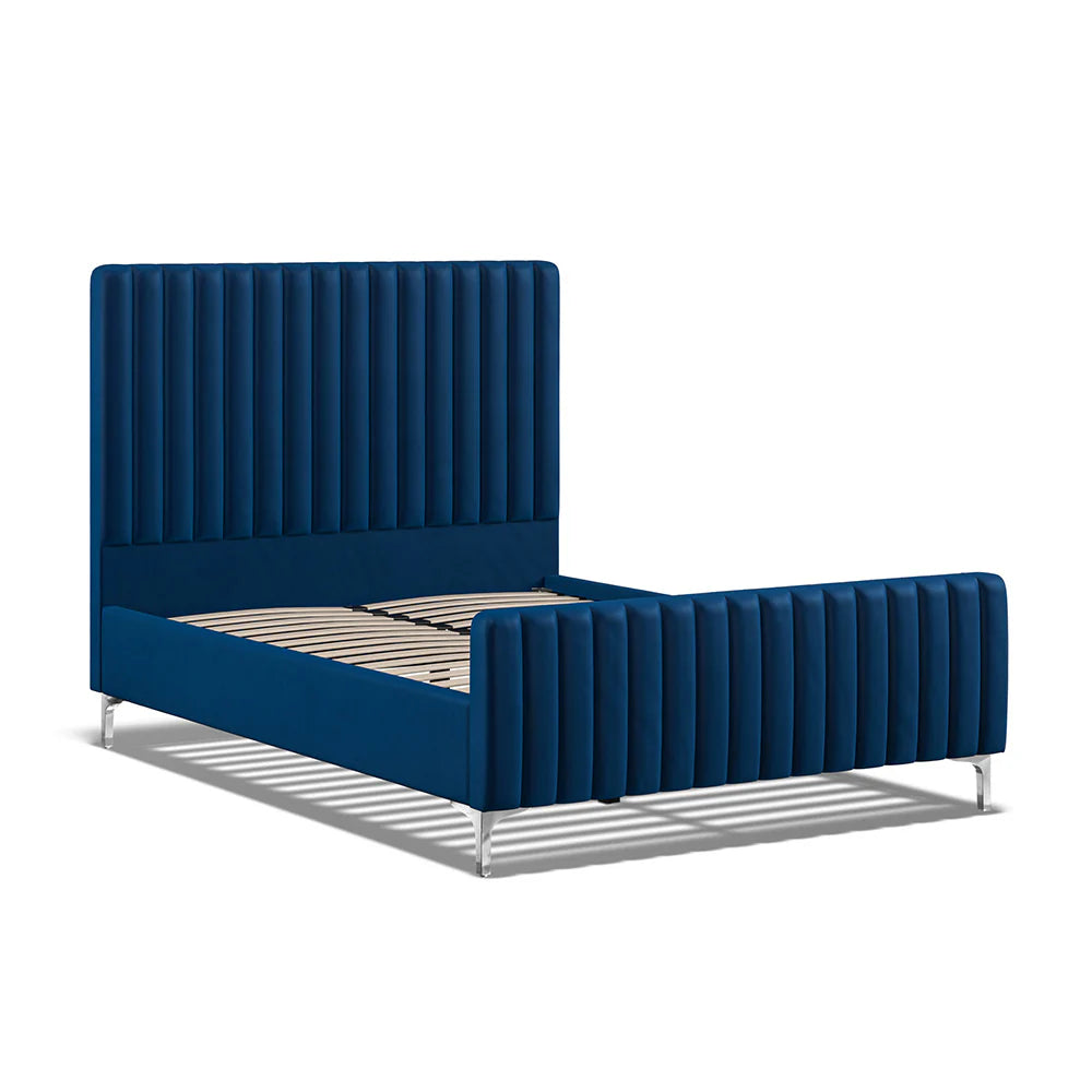 Blue Velvet Batten Panel Pattern Headboard Bed Frame