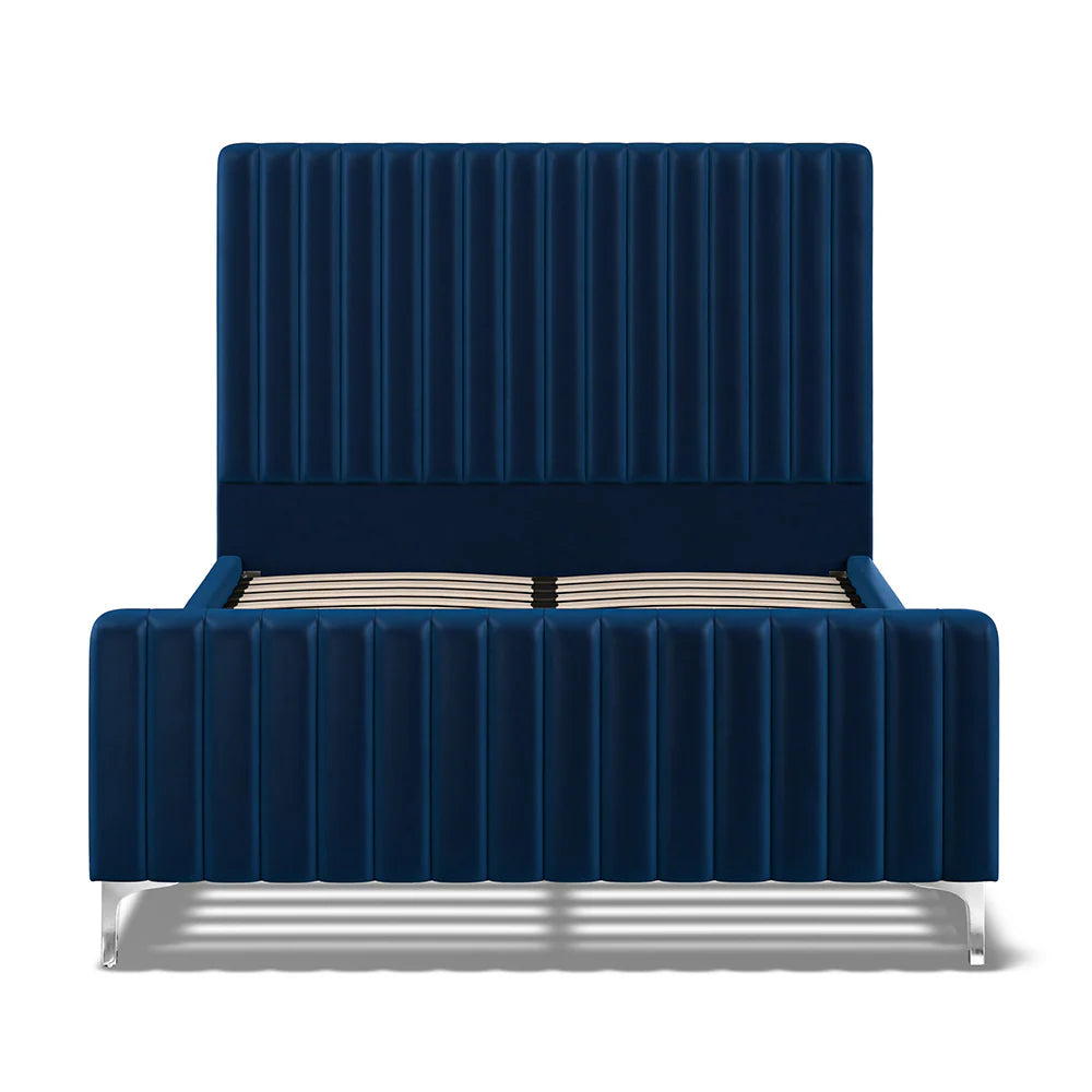 Blue Velvet Batten Panel Pattern Headboard Bed Frame