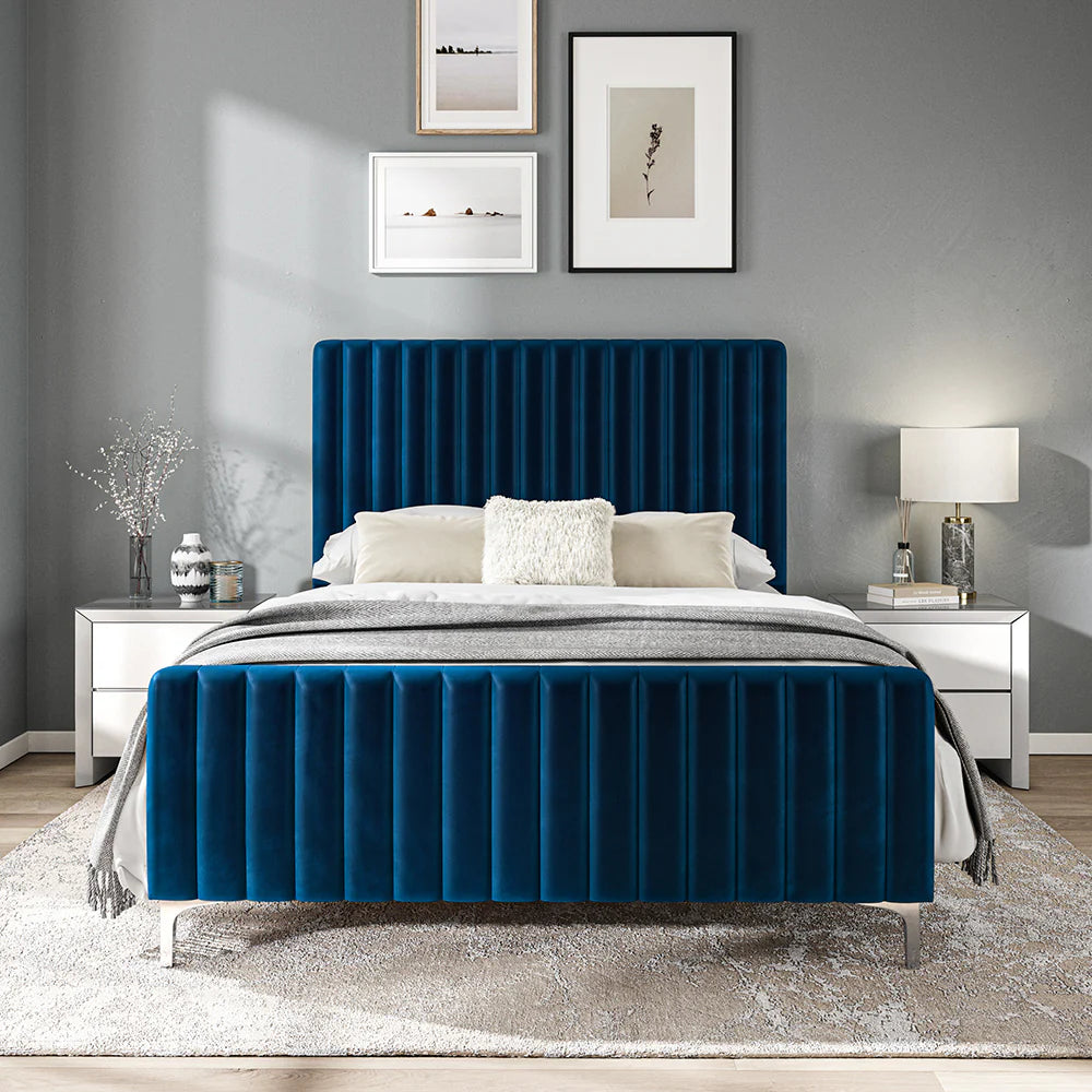 Blue Velvet Batten Panel Pattern Headboard Bed Frame