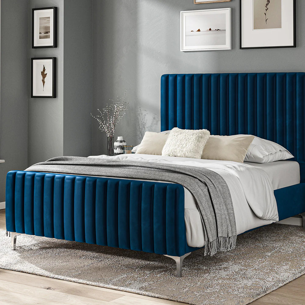 Blue Velvet Batten Panel Pattern Headboard Bed Frame