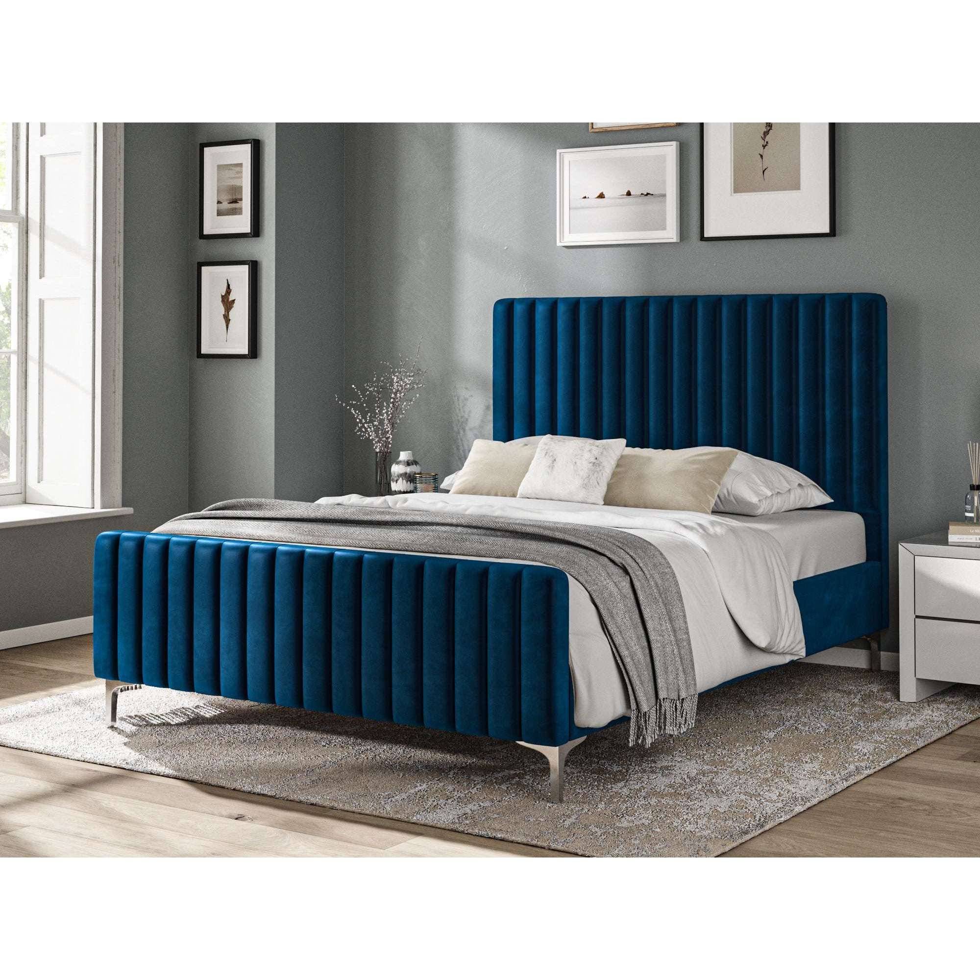 Blue Velvet Batten Panel Pattern Headboard Bed Frame