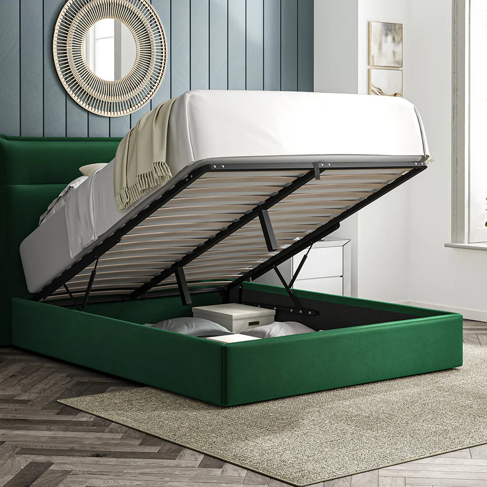 Bella Green Soft Velvet Fabric Ottoman Bed Frame