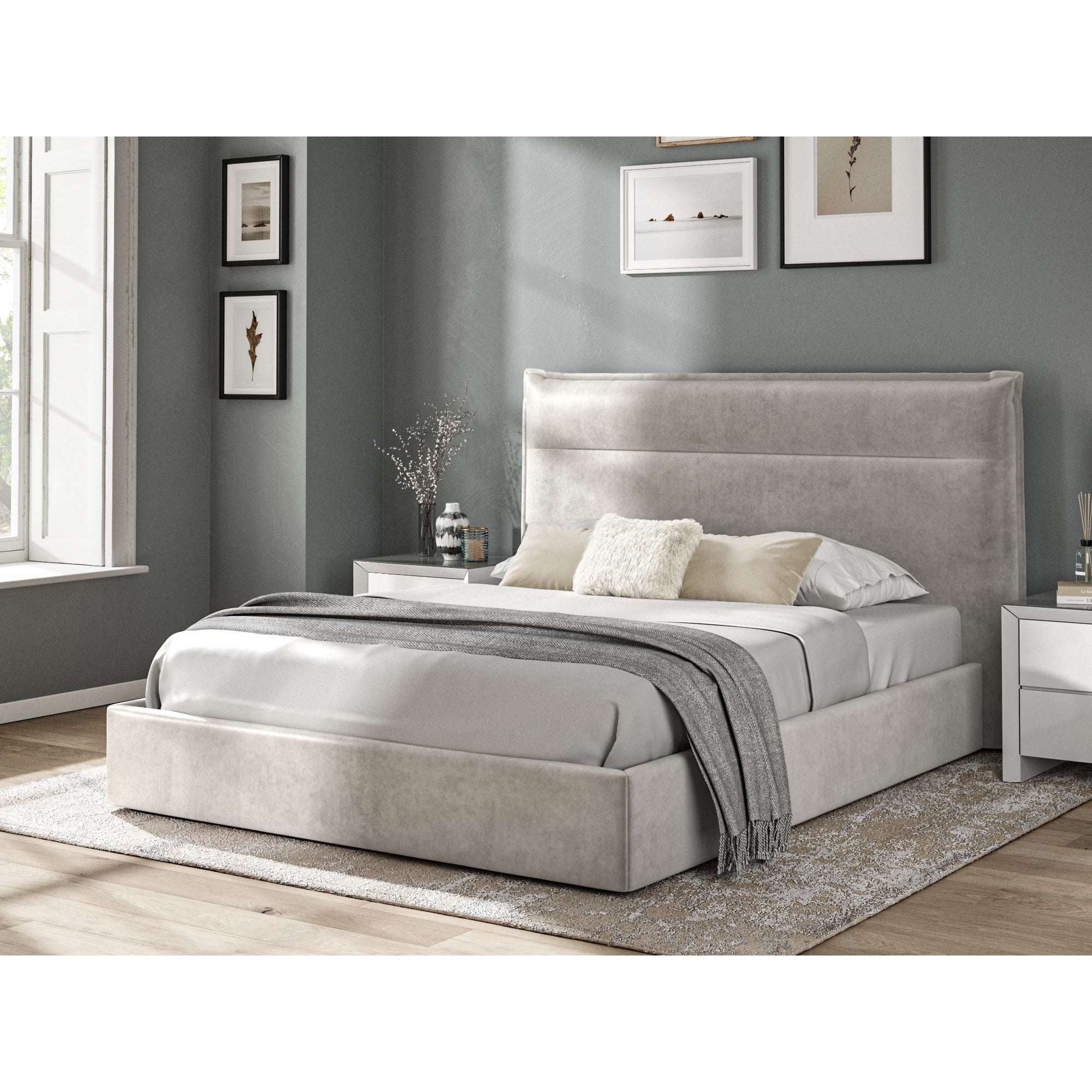 Bella Silver Soft Velvet Fabric Ottoman Bed Frame