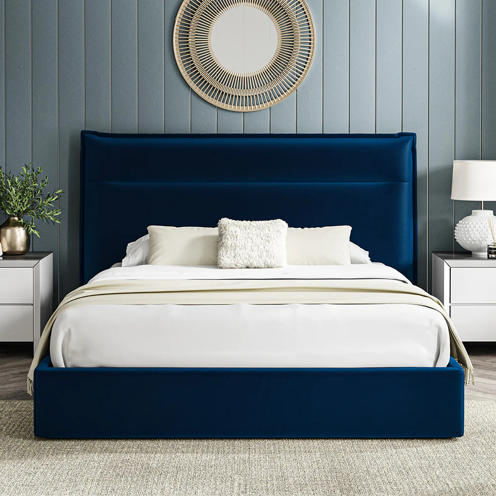 Bella Blue Soft Velvet Fabric Ottoman Bed Frame