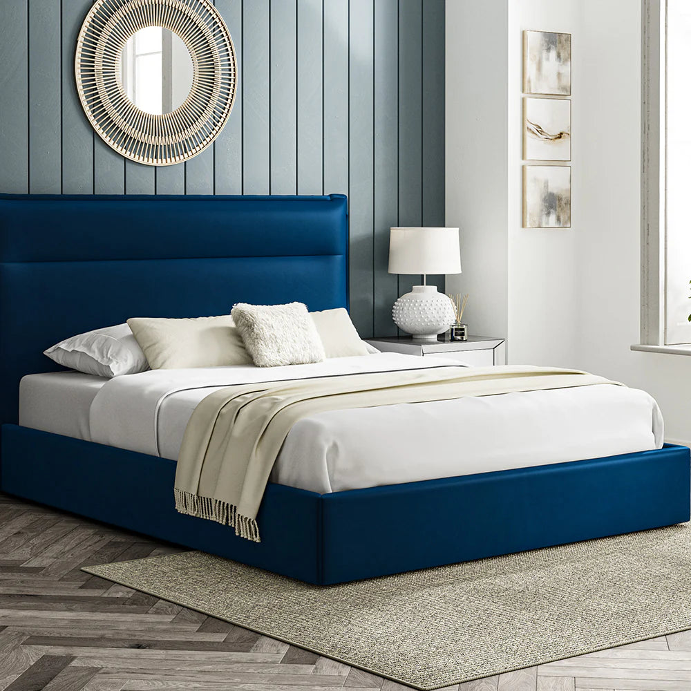 Bella Blue Soft Velvet Fabric Ottoman Bed Frame