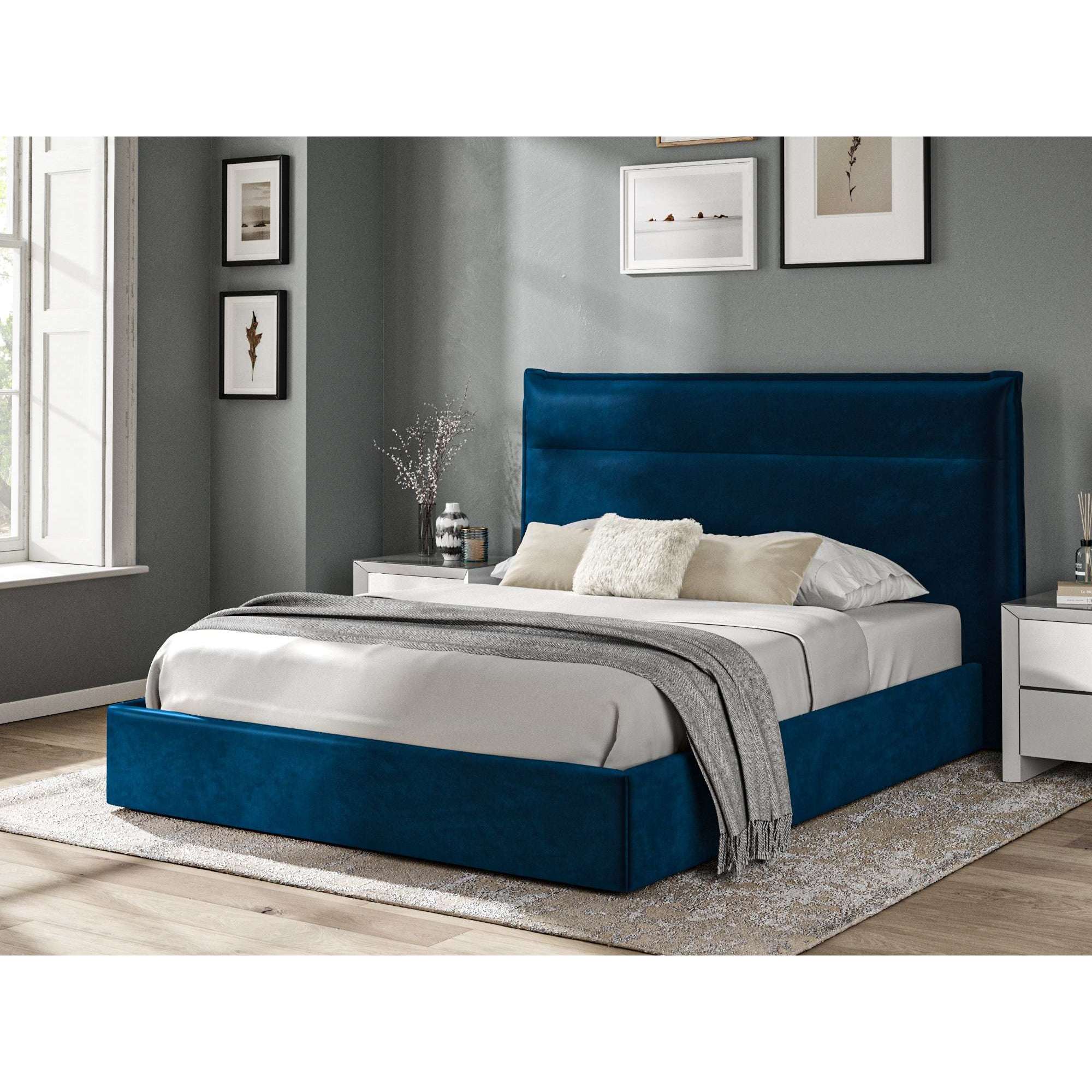 Bella Blue Soft Velvet Fabric Ottoman Bed Frame