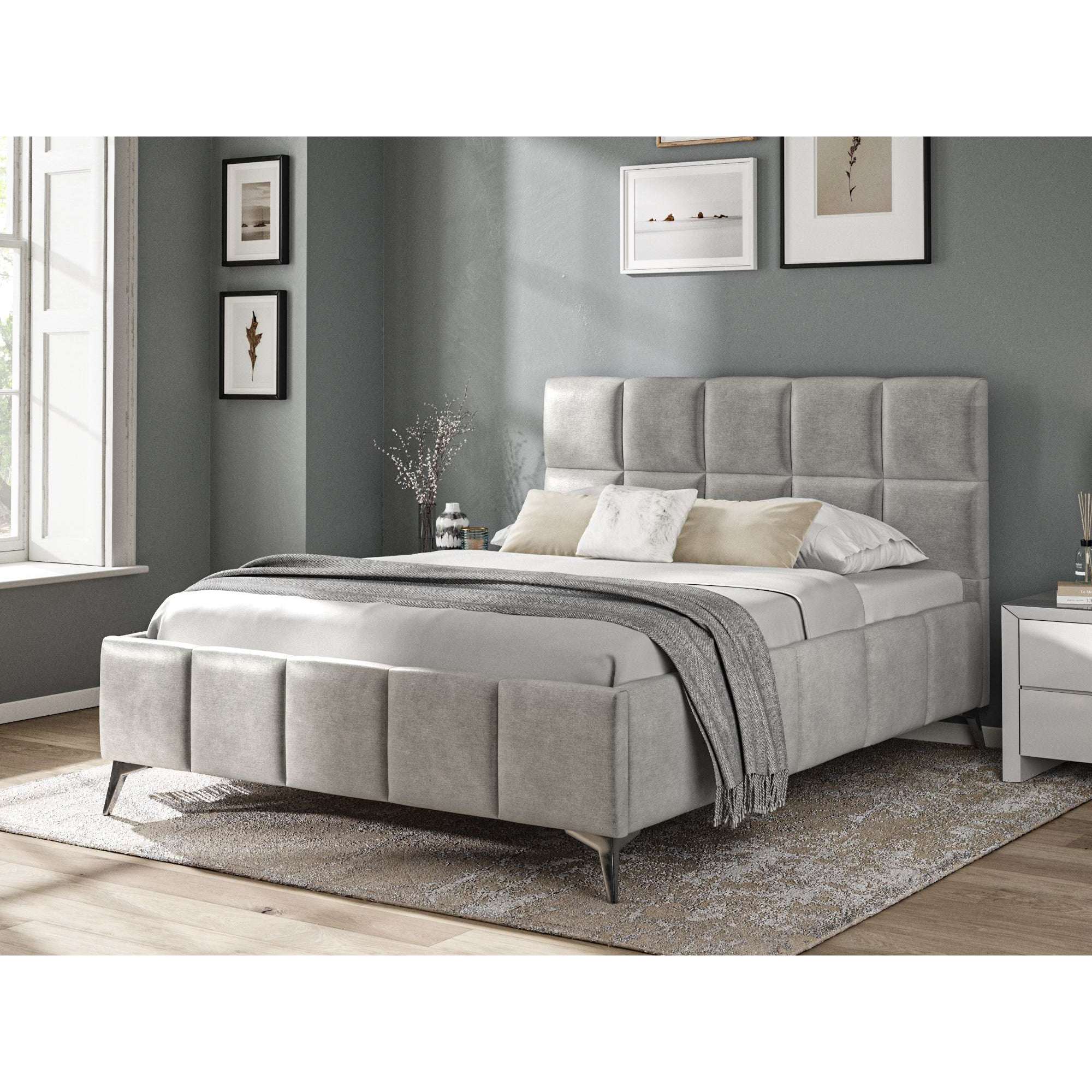 Cubic Grey Fabric Upholstered Bed Frame