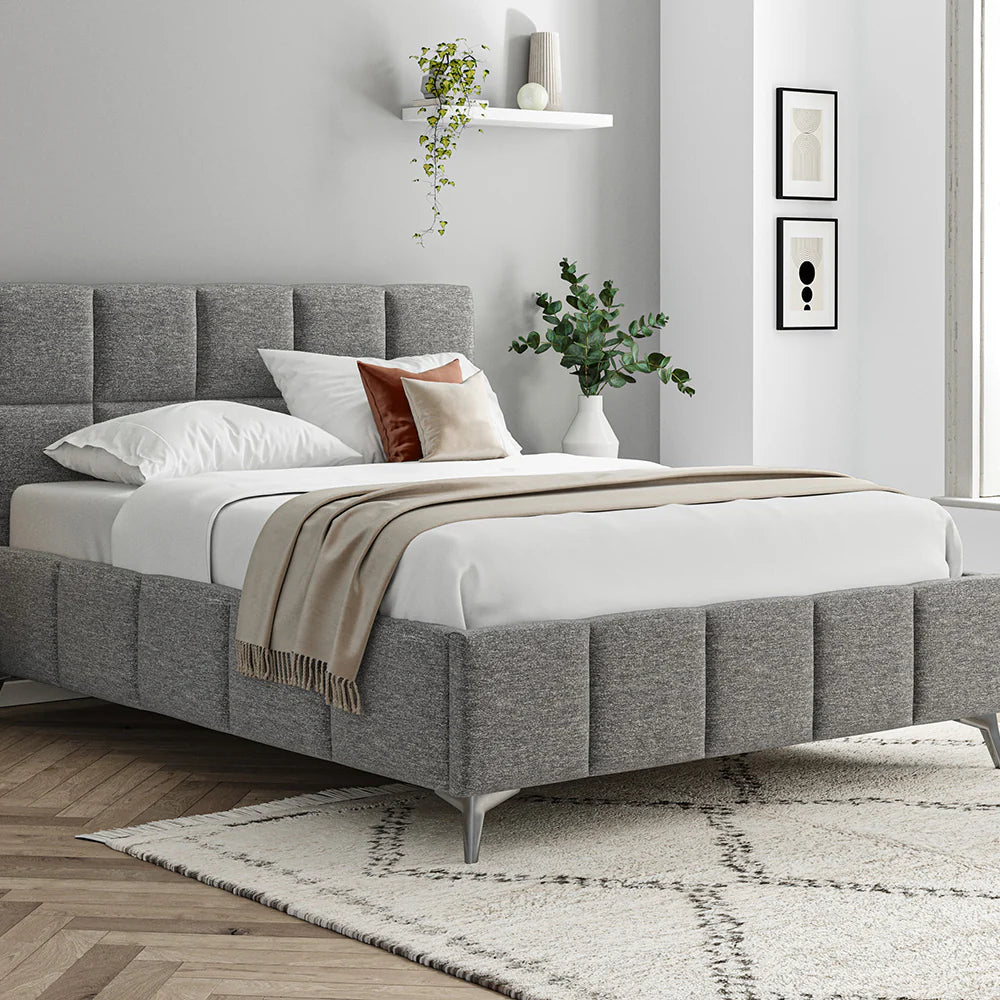 Cubic Dark Grey Fabric Upholstered King Bed Frame