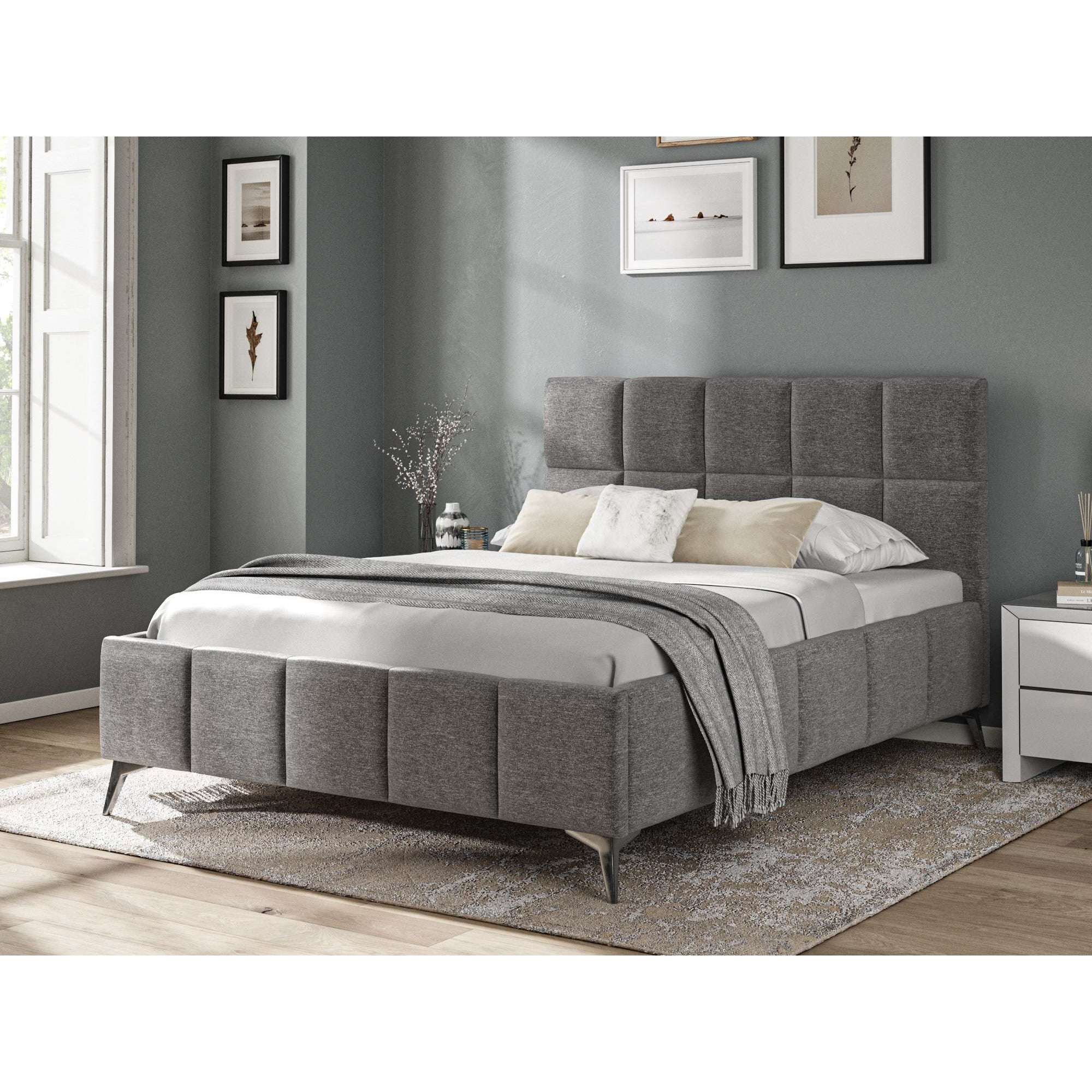 Cubic Dark Grey Fabric Upholstered King Bed Frame