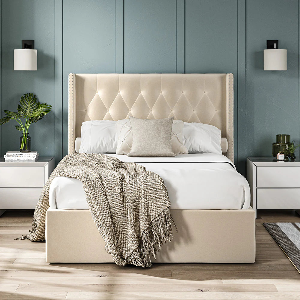 Balmoral Beige Fabric Ottoman Wing Back Bed Frame