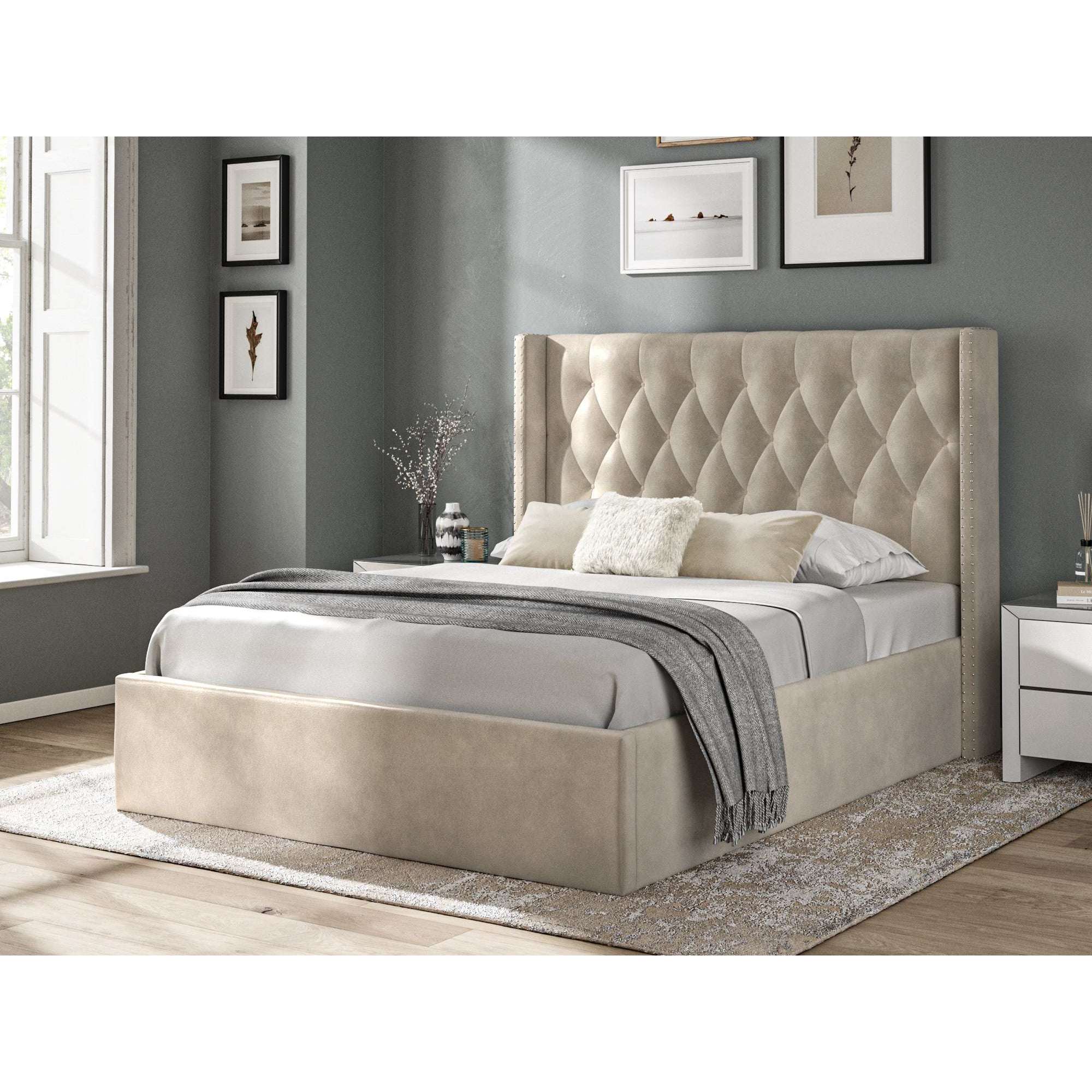 Balmoral Beige Fabric Ottoman Wing Back Bed Frame