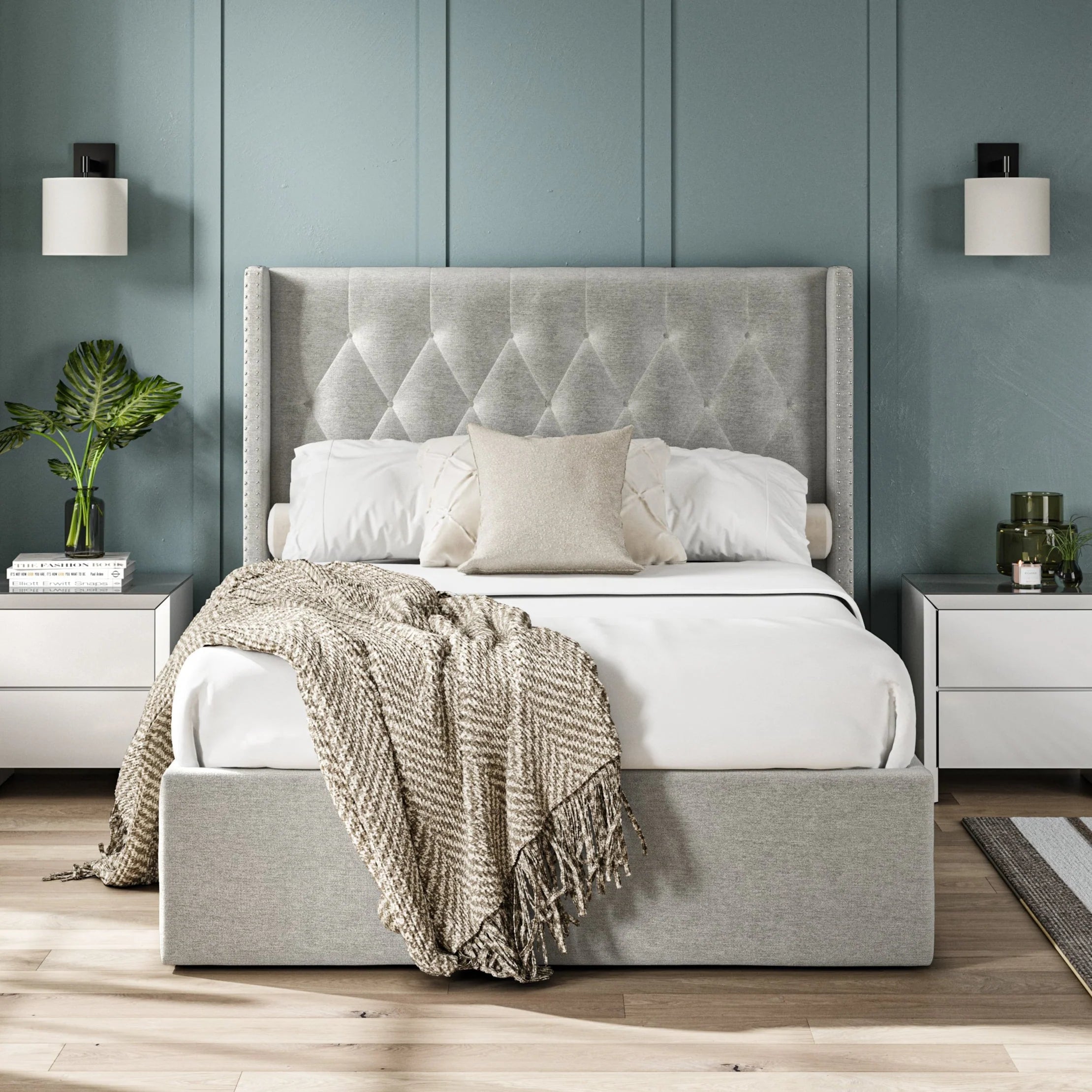 Balmoral Grey Fabric Ottoman Wing Back Bed Frame