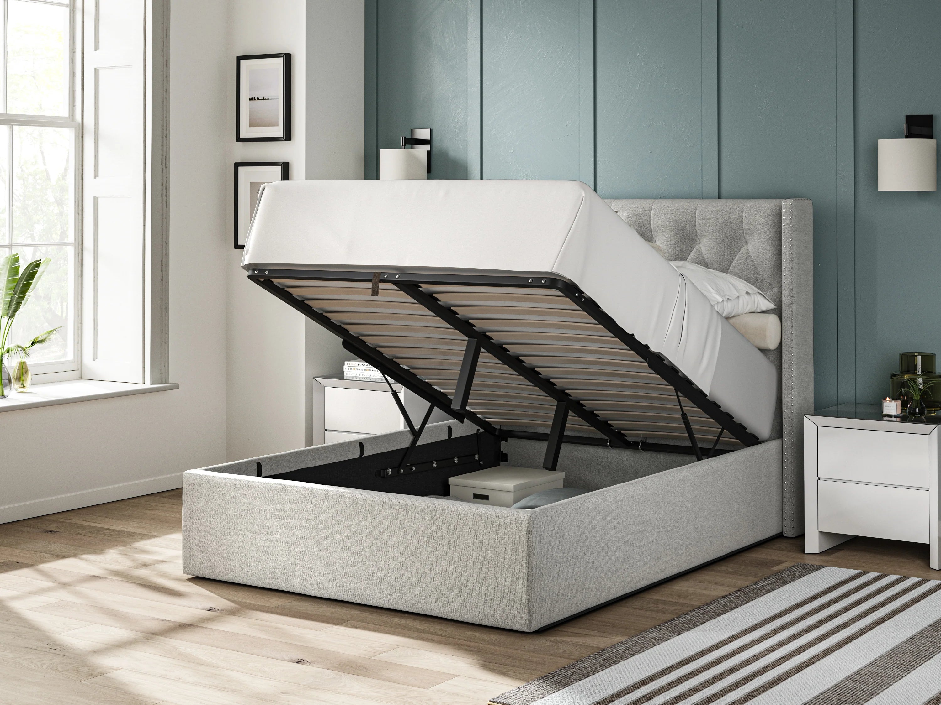 Balmoral Grey Fabric Ottoman Wing Back Bed Frame