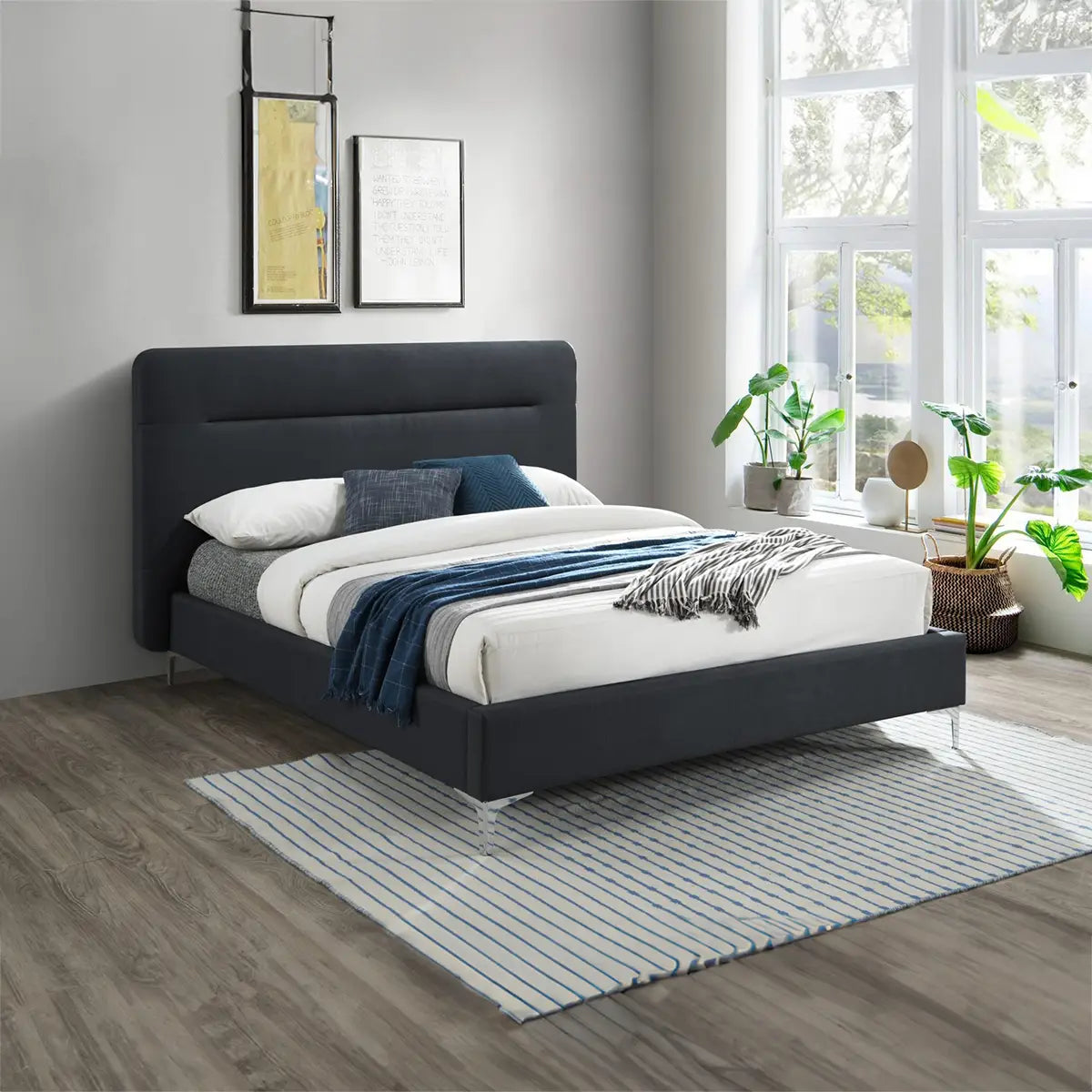 Finn Charcoal Fabric Bed, also available in Steel Blue - Lifestyle Image 