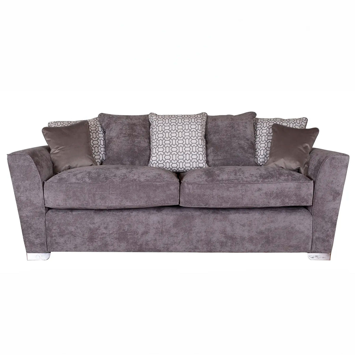 Fargo Kingston Grey Fabric Upholstered 3 Seater Sofa in Pillowback with Salute Pattern Cushions. Choose from a variety of foot finishes - Main Image 