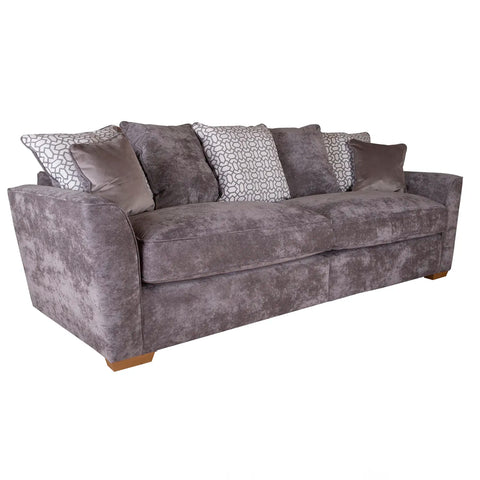 Fargo Kingston Grey Fabric Upholstered 3 Seater Sofa in Pillowback with Salute Pattern Cushions. Choose from a variety of foot finishes - Angled View e 