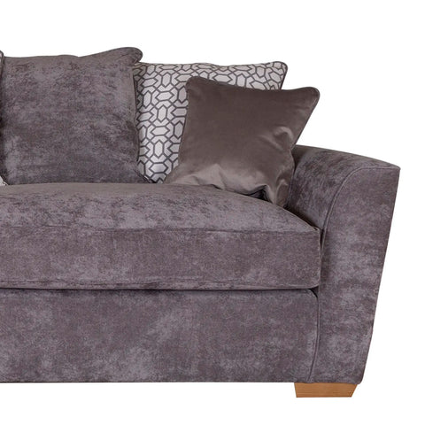 Fargo Kingston Grey Fabric Upholstered 3 Seater Sofa in Pillowback with Salute Pattern Cushions. Choose from a variety of foot finishes - Close Up of Sofa Arm 