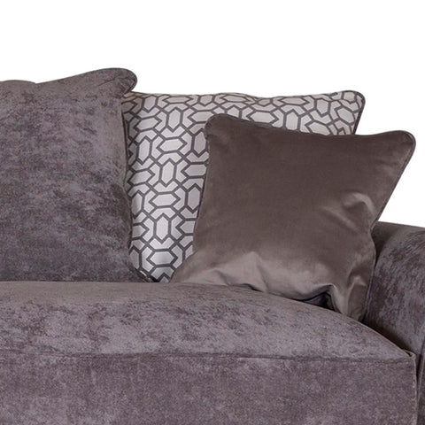 Fargo Kingston Grey Fabric Upholstered 3 Seater Sofa in Pillowback with Salute Pattern Cushions. Choose from a variety of foot finishes - Close Up of Cushions