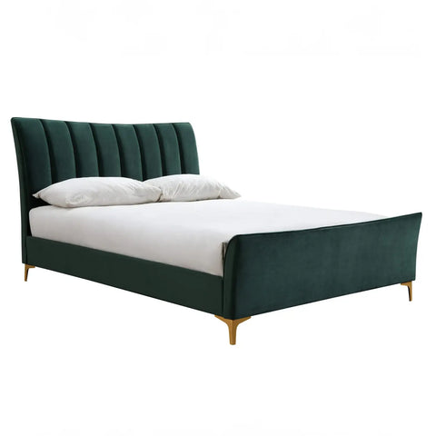 Flora Bed: A chic statement piece with lusciously cushioned headboard, stunning gold feet, and free delivery. Limited-time sale includes interest-free monthly payments. Elevate your bedroom with comfort and style! Sizes available Small Double Bed, Double Bed, and King Bed - Main Image